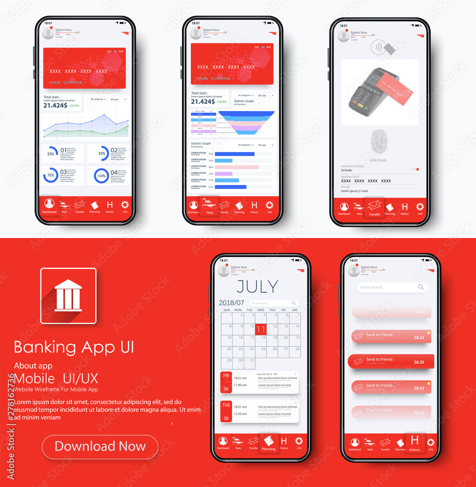  banking app ui kit for responsive mobile app or website with different gui layout including home pag