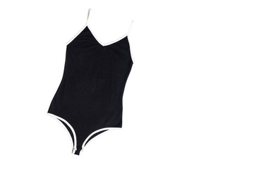 Black  bodysuit, skin tight garment on white backgroudn, flat lay top view, copy space