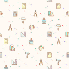 Vector illustration of a cute stationery and school supplies. Collection of palette,   compass, note, ruler and other elements. Isolated on beige. Colorful surface pattern.
