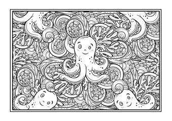 Vector sea creatures doodle background. Adult coloring page with undersea world. Cute octopus cartoon character.