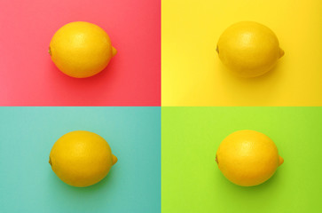 Yellow lemon on a multi-colored background. Decorative design. Mural