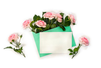 Beautiful flowers pink roses in green postal envelope and blank sheet with space for text on a white background. Top view, flat lay