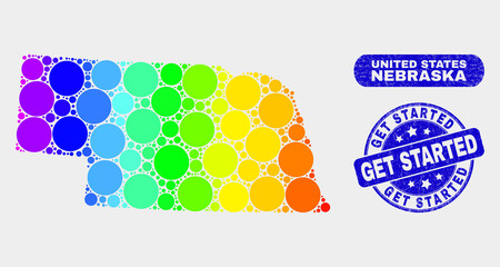 Spectral dotted Nebraska State map and watermarks. Blue round Get Started textured seal stamp. Gradiented spectral Nebraska State map mosaic of random circle.