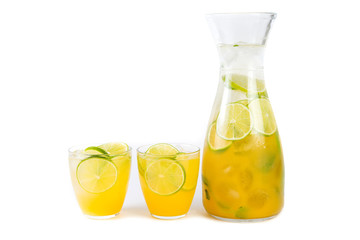 Natural orange lemonade with citrus and mint on white background. Detox drink for a healthy lifestyle.