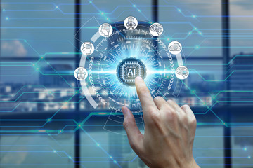 hand touching virtual screen Artificial Intelligence technology icon over the Network connection, Artificial Intelligence Technology Concept.