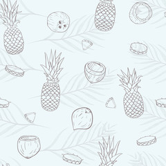 Vector Pina Colada Lineart on Palm Leaves seamless pattern background.