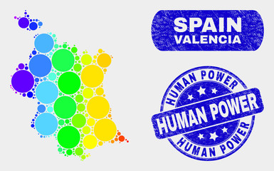 Spectral dotted Valencia Province map and seal stamps. Blue round Human Power textured seal. Gradiented spectrum Valencia Province map mosaic of randomized round spots.