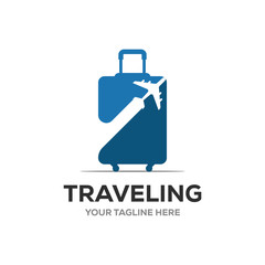 Travel logo, holidays, tourism, business trip company logo design. bag vector with airplane