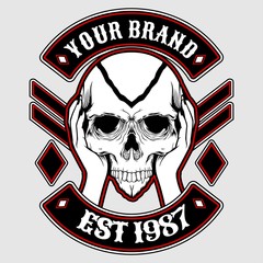 Human hand holding skull. Shakespeare's Hamlet scene. Hand drawn vector illustration in vintage engraved style