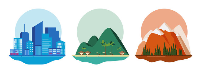 Travel concept - blue city, green beach and red mountains.