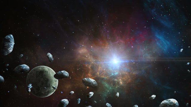 Space scene. Planet with asteroid and colorful fractal nebula. Elements furnished by NASA. 3D rendering