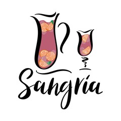 Vector hand sketched Jug and glass of Spanish wine drink Sangria with lettering. Modern illustration of summer traditional drink cocktail with fruits and ice. Typography poster, jug of Sangria drink.