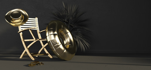 Gold chair, inflatable circle, hat and flip-flops on black background. The concept of a super luxury hotel. Luxury vacation. 5 star hotel. 3D rendering.