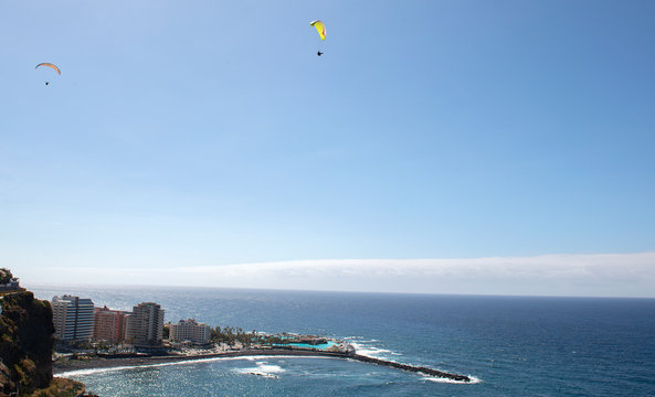 Paragliding Above Cliffs Of  Puerto De La Cruz, Tenerife, Canary Islands, Spain