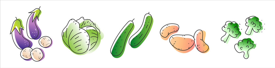 Collection of eco natural harvest products, illustrations in sketchy style of healthy eco natural vegetables, free hand vector drawing.  Images of farming veggies, good for farming market, restaurant