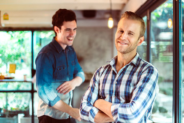 creative businessman casual wear with co worker smile with confident and cheerful studio background