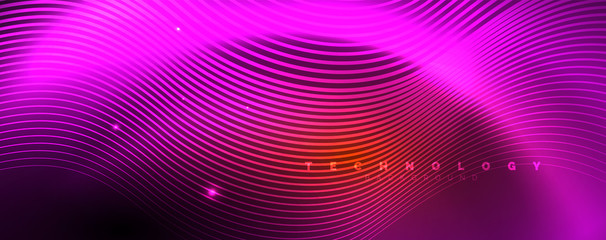 Fototapeta premium Bright neon circles and wave lines, glowing shiny background design template, digital techno concept.