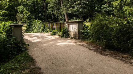 Stone brick rock old bridge in forest park outdoor 