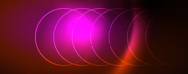 Bright neon circles and wave lines, glowing shiny background design template, digital techno concept.