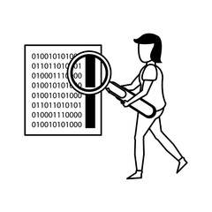 magnifying glass checking system cartoon in black and white