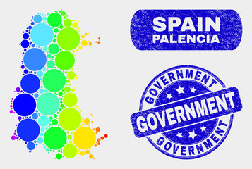 Spectral spotted Palencia Province map and seal stamps. Blue rounded Government textured seal stamp. Gradient spectrum Palencia Province map mosaic of random circle elements.