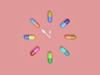 Clock created from capsule pills. 3d rendering