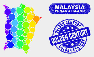 Spectral spotted Penang Island map and rubber prints. Blue round Golden Century scratched watermark. Gradient spectral Penang Island map mosaic of scattered small circles.