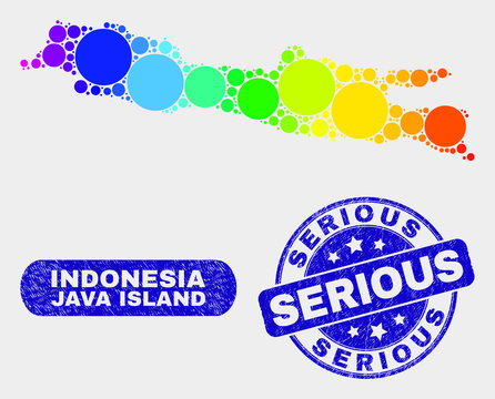 Rainbow colored spotted Java Island map and seal stamps. Blue rounded Serious textured seal stamp. Gradient rainbow colored Java Island map mosaic of random circle.