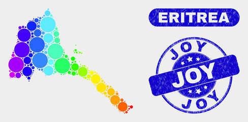 Spectrum spotted Eritrea map and rubber prints. Blue round Joy textured seal stamp. Gradiented spectrum Eritrea map mosaic of scattered round elements. Joy stamp with scratched surface.