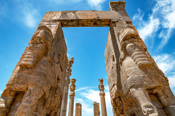 The view of the remaining ruins of the Gate of All Nations in Persepolis, the ancient capital of...