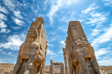 The view of the remaining ruins of the Gate of All Nations in Persepolis, the ancient capital of...