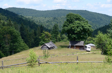 View of the apiary farm in the Carpathians. Sheds, car parked.  Lugi village, Ukraine