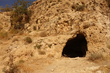 Animal den hole lair burrow in rock in Dana Biosphere reserve in Jordan