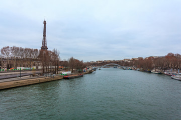 View of Eiffel Tower and sienna river in Paris, France