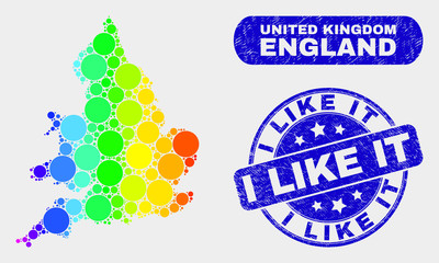 Rainbow colored dot England map and watermarks. Blue round I Like It grunge seal. Gradiented spectrum England map mosaic of scattered circle dots. I Like It seal with scratched surface.