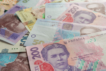 Obraz premium Different banknotes of Ukrainian money, closeup. National currency