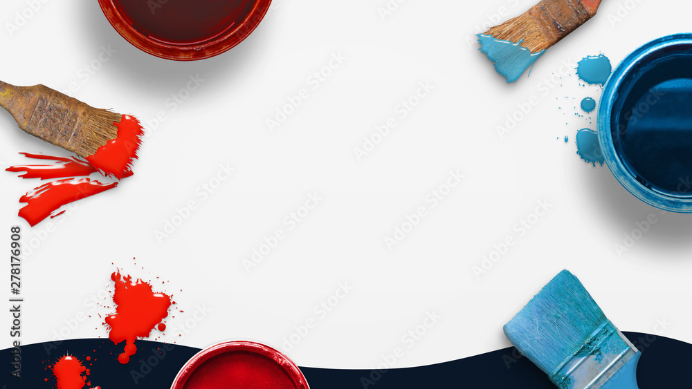 Poster brushes and color boxes with color drops on white surface. do it yourself, painting craft concept. f