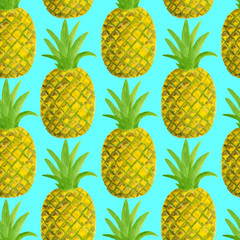 Watercolor pineapple seamless pattern. Hand drawn tropical fruits illustration isolated on blue background. Design for textile, menu, cards, scrapbooking, food packaging, wrapping.