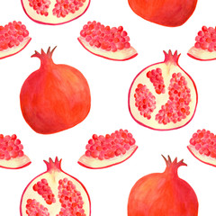 Watercolor pomegranate seamless pattern. Hand drawn red fruit illustration background isolated on white for food package design, decoration, menu, covers, wrapping, textile, print, scrapbooking.