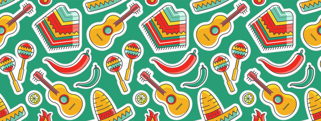 Simple colorful bright color vector seamless background with mexican poncho, guitar and sombrero. Mexican traditional symbols made as textile endless background.