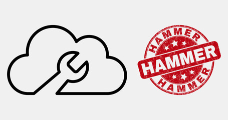 Vector linear cloud wrench icon and Hammer stamp. Blue rounded grunge seal stamp with Hammer text. Black isolated cloud wrench icon in linear style.