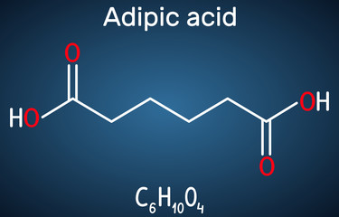 Adipic acid or hexanedioic, dicarboxylic acid molecule. It is food additive E355, also is used as precursor for the production of nylon