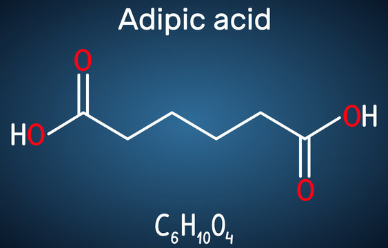 Adipic acid or hexanedioic, dicarboxylic acid molecule. It is food additive E355, also is used as precursor for the production of nylon