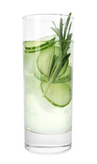 Glass of refreshing cucumber lemonade and rosemary on white background. Summer drink