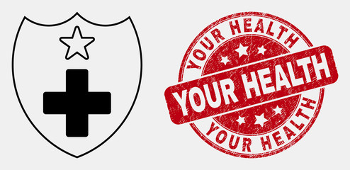 Vector outline medical shield pictogram and Your Health seal stamp. Blue rounded grunge stamp with Your Health phrase. Black isolated medical shield pictogram in linear style.