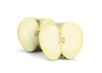 Halves of fresh green apple on white background
