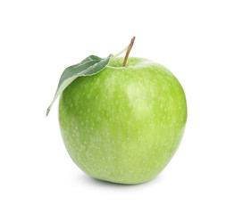Fresh ripe green apple with leaf on white background