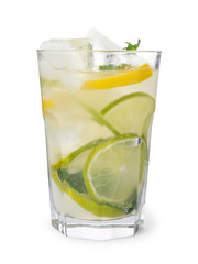 Glass of citrus refreshing drink with ice cubes on white background