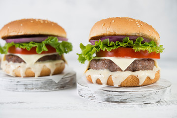 Delicious homemade burgers with beef Patty and vegetables
