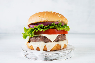Delicious homemade burgers with beef Patty and vegetables